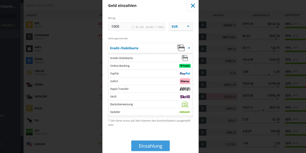 eToro-Einzahlung